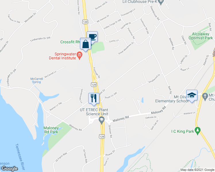 map of restaurants, bars, coffee shops, grocery stores, and more near 3237 Ginn Drive in Knoxville