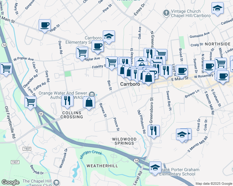 map of restaurants, bars, coffee shops, grocery stores, and more near 203 Jones Ferry Road in Carrboro