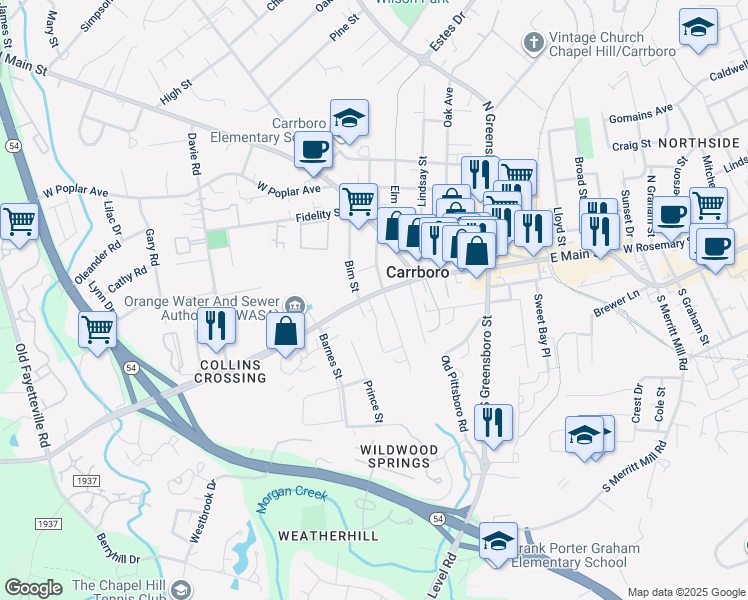 map of restaurants, bars, coffee shops, grocery stores, and more near 203 Jones Ferry Road in Carrboro
