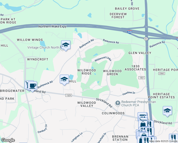 map of restaurants, bars, coffee shops, grocery stores, and more near 2957 Tillinghast Trail in Raleigh