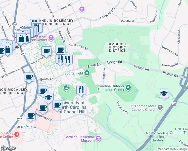 map of restaurants, bars, coffee shops, grocery stores, and more near 100 Ridge Road in Chapel Hill