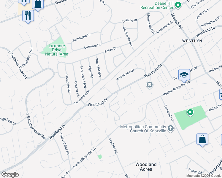 map of restaurants, bars, coffee shops, grocery stores, and more near 7923 Westland Drive in Knoxville