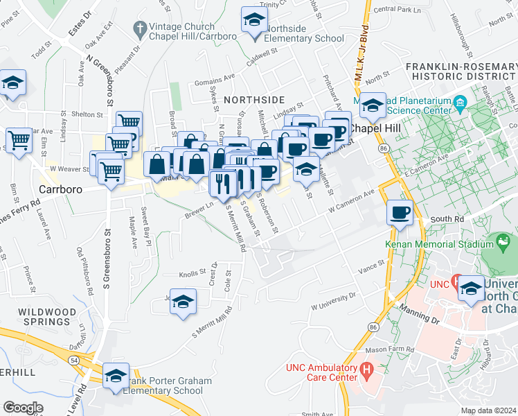 map of restaurants, bars, coffee shops, grocery stores, and more near 118 South Graham Street in Chapel Hill