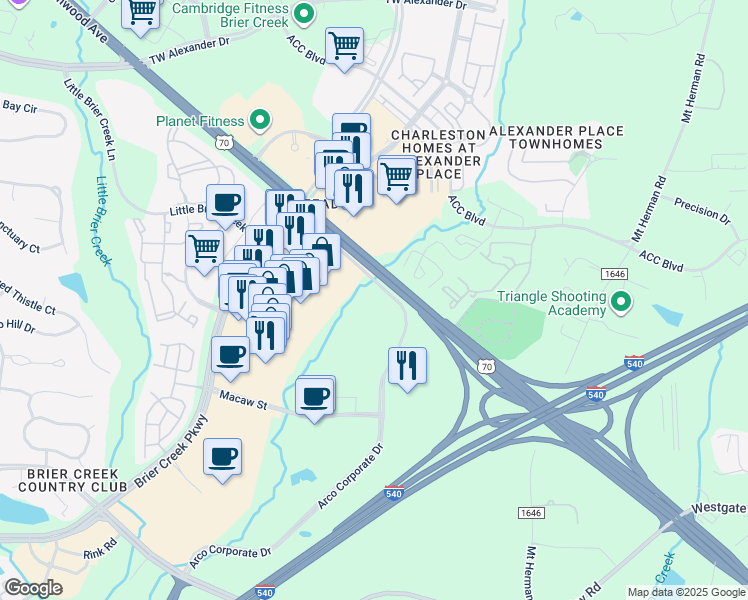 map of restaurants, bars, coffee shops, grocery stores, and more near 8010 Arco Corporate Drive in Raleigh