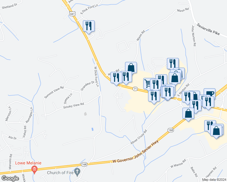 map of restaurants, bars, coffee shops, grocery stores, and more near 141 Quaker Way in Knoxville