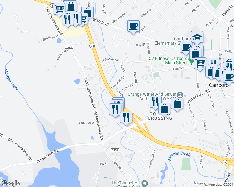 map of restaurants, bars, coffee shops, grocery stores, and more near 104 Lynn Drive in Carrboro