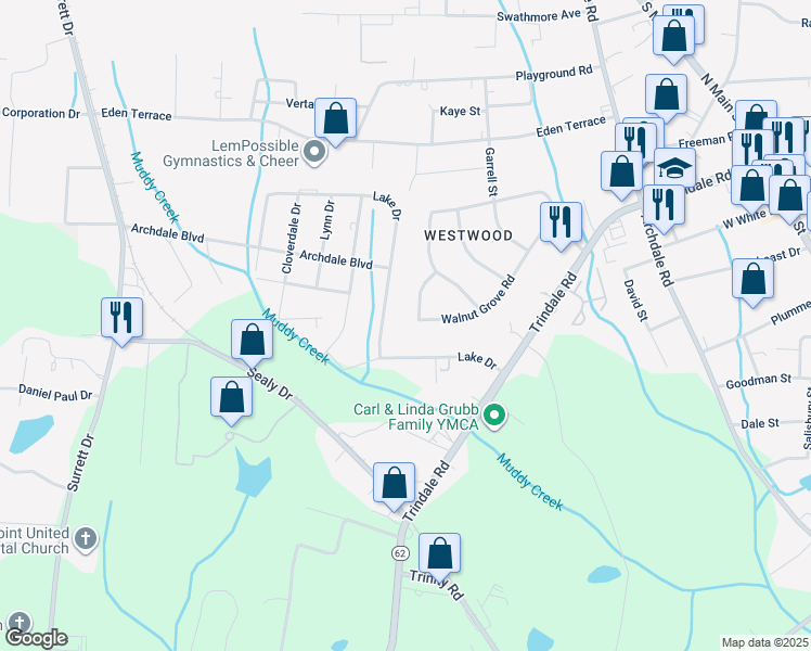 map of restaurants, bars, coffee shops, grocery stores, and more near 415 Walnut Grove Road in Archdale