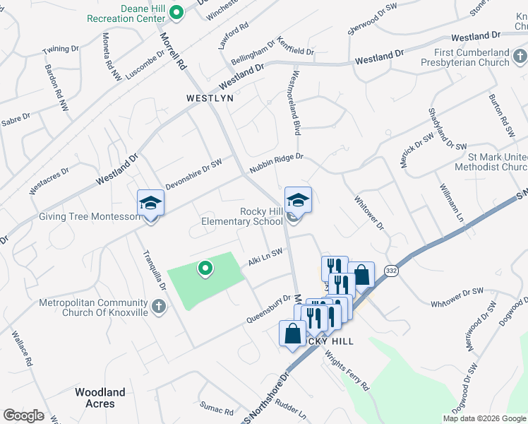 map of restaurants, bars, coffee shops, grocery stores, and more near 7702 Pinner Drive Southwest in Knoxville