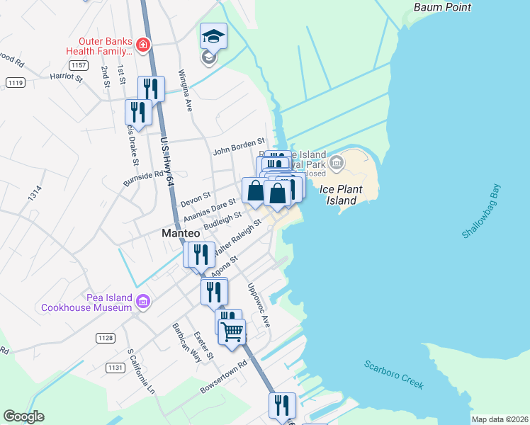 map of restaurants, bars, coffee shops, grocery stores, and more near 206b Sir Walter Raleigh Street in Manteo