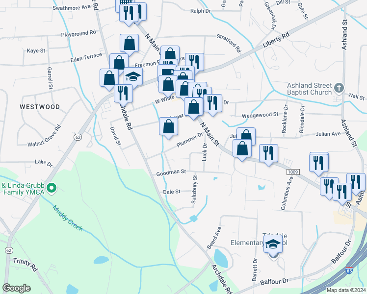map of restaurants, bars, coffee shops, grocery stores, and more near 119 Plummer Drive in Archdale