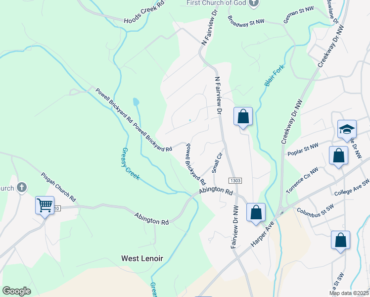 map of restaurants, bars, coffee shops, grocery stores, and more near 2220 Powell Brickyard Road in Lenoir