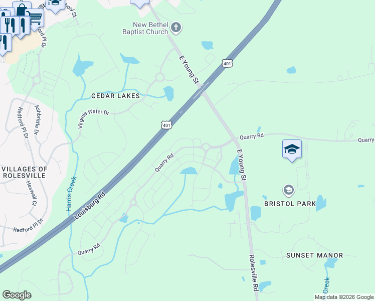 map of restaurants, bars, coffee shops, grocery stores, and more near 1125 Solace Way in Rolesville