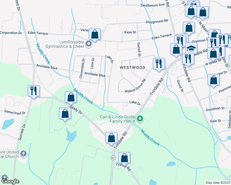 map of restaurants, bars, coffee shops, grocery stores, and more near 415 Walnut Grove Road in Archdale