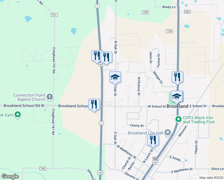map of restaurants, bars, coffee shops, grocery stores, and more near 109 North Oak Street in Brookland