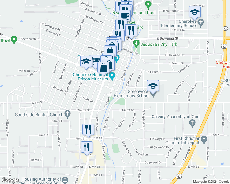 map of restaurants, bars, coffee shops, grocery stores, and more near 210 East Chickasaw Street in Tahlequah