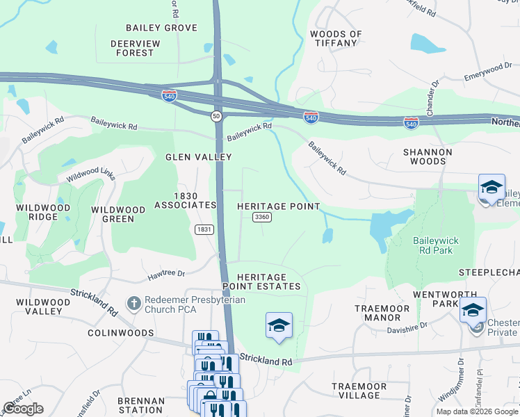 map of restaurants, bars, coffee shops, grocery stores, and more near 8808 Stage Ford Road in Raleigh