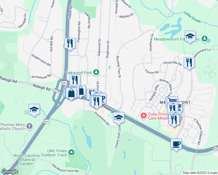 map of restaurants, bars, coffee shops, grocery stores, and more near 1101 Oak Tree Drive in Chapel Hill
