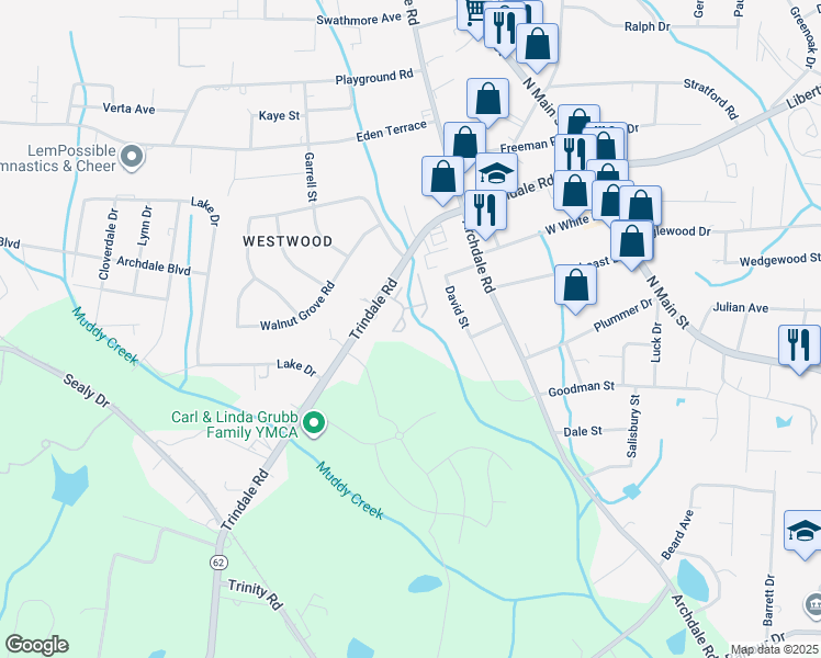 map of restaurants, bars, coffee shops, grocery stores, and more near 814 West Brook Court in Archdale