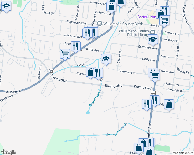 map of restaurants, bars, coffee shops, grocery stores, and more near 406 Figuers Drive in Franklin