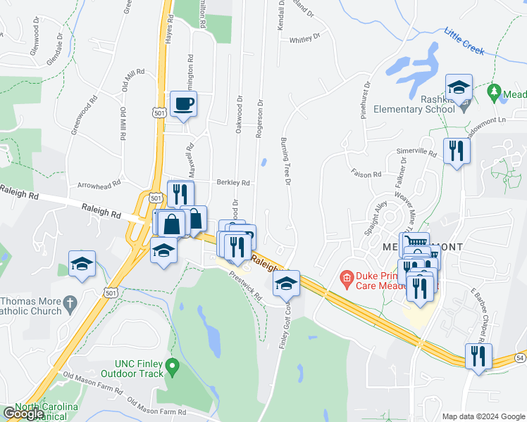 map of restaurants, bars, coffee shops, grocery stores, and more near 1005 Oak Tree Drive in Chapel Hill