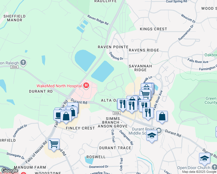 map of restaurants, bars, coffee shops, grocery stores, and more near 1302 Rio Valley Drive in Raleigh