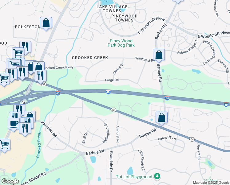 map of restaurants, bars, coffee shops, grocery stores, and more near Interstate 40 in Durham