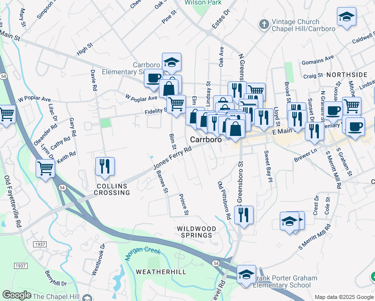 map of restaurants, bars, coffee shops, grocery stores, and more near 106 Laurel Avenue in Carrboro