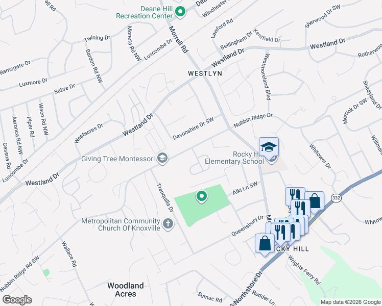 map of restaurants, bars, coffee shops, grocery stores, and more near 7705 Nubbin Ridge Road Southwest in Knoxville