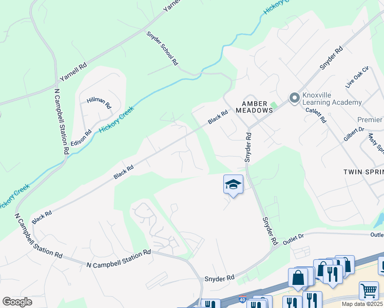 map of restaurants, bars, coffee shops, grocery stores, and more near Blackstone View Lane in Knoxville