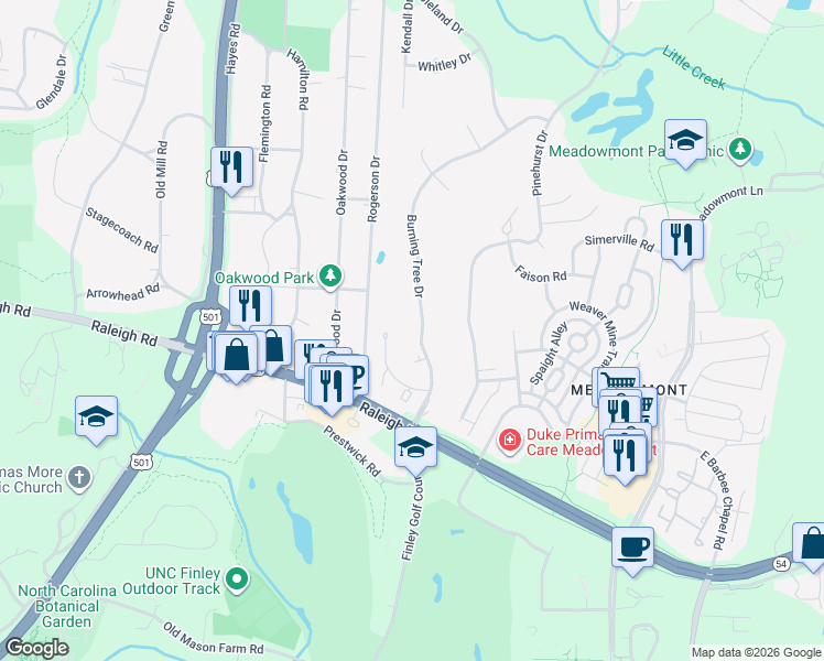 map of restaurants, bars, coffee shops, grocery stores, and more near 1126 Burning Tree Drive in Chapel Hill