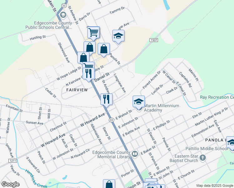 map of restaurants, bars, coffee shops, grocery stores, and more near 1605 Deep Shade Avenue in Tarboro