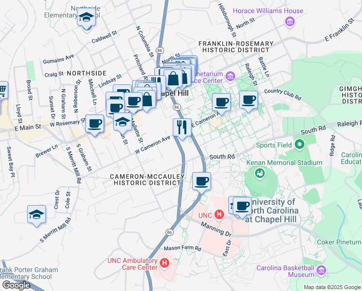 map of restaurants, bars, coffee shops, grocery stores, and more near 211 Pittsboro Street in Chapel Hill