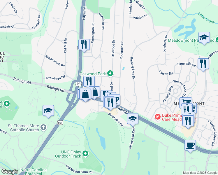 map of restaurants, bars, coffee shops, grocery stores, and more near 14 Oakwood Drive in Chapel Hill