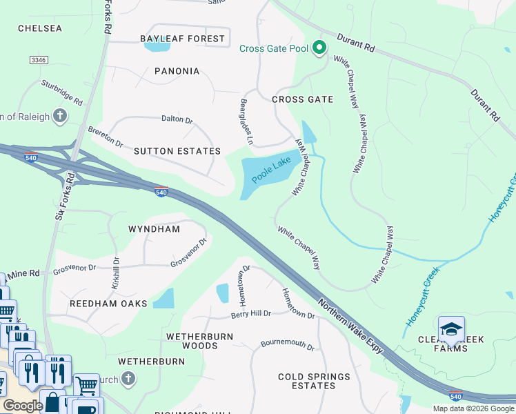 map of restaurants, bars, coffee shops, grocery stores, and more near 1005 Denfield Court in Raleigh