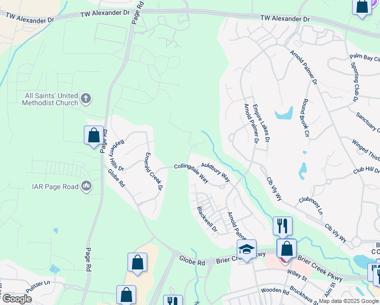 map of restaurants, bars, coffee shops, grocery stores, and more near 9654 Collingdale Way in Raleigh