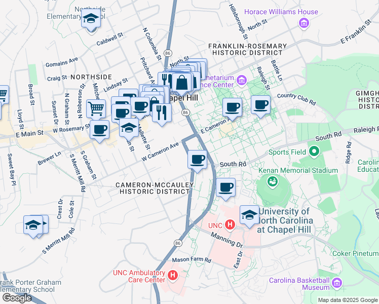 map of restaurants, bars, coffee shops, grocery stores, and more near 211 Pittsboro Street in Chapel Hill