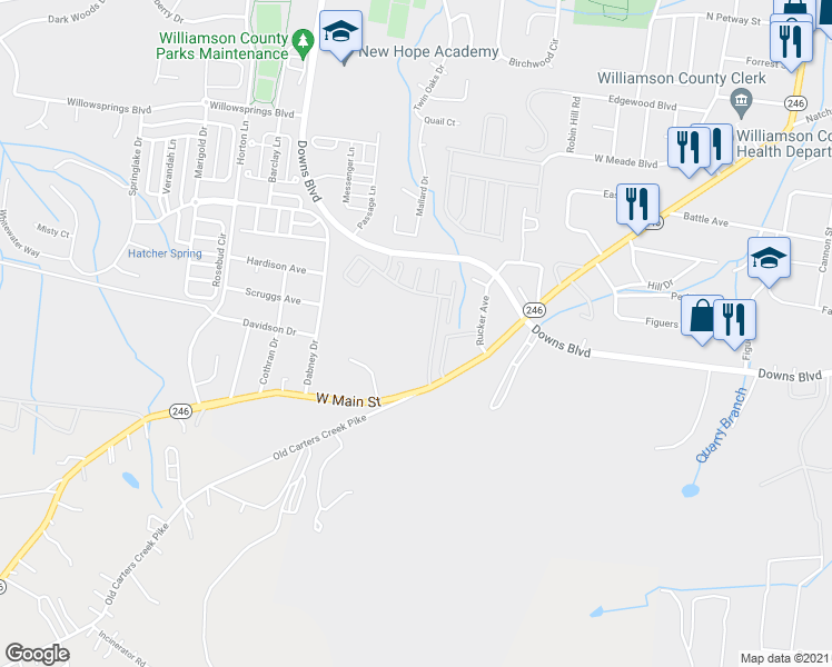 map of restaurants, bars, coffee shops, grocery stores, and more near 1101 Downs Boulevard in Franklin