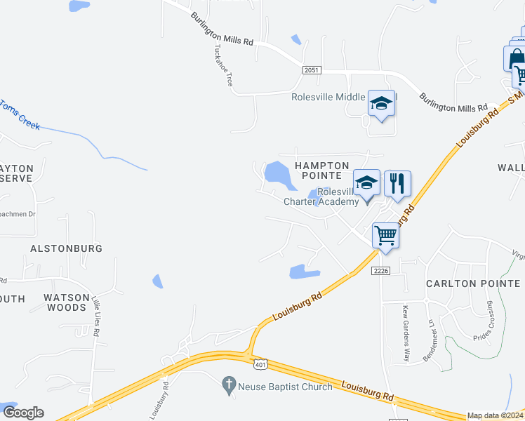 map of restaurants, bars, coffee shops, grocery stores, and more near 4728 Lonnie Drive in Rolesville