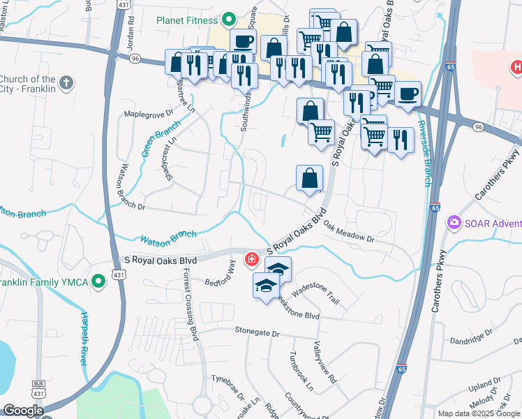 map of restaurants, bars, coffee shops, grocery stores, and more near 700 Oak Meadow Drive in Franklin