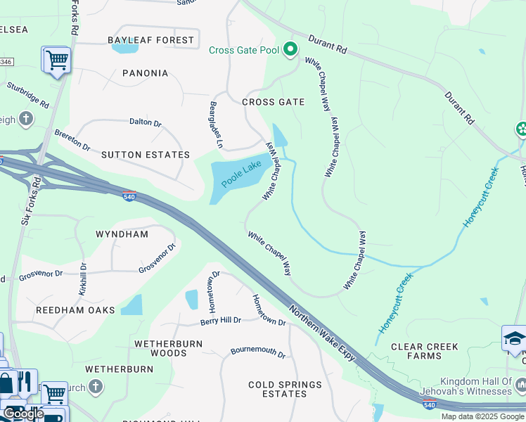 map of restaurants, bars, coffee shops, grocery stores, and more near 4407 White Chapel Way in Raleigh
