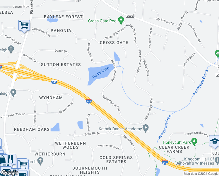 map of restaurants, bars, coffee shops, grocery stores, and more near 4407 White Chapel Way in Raleigh