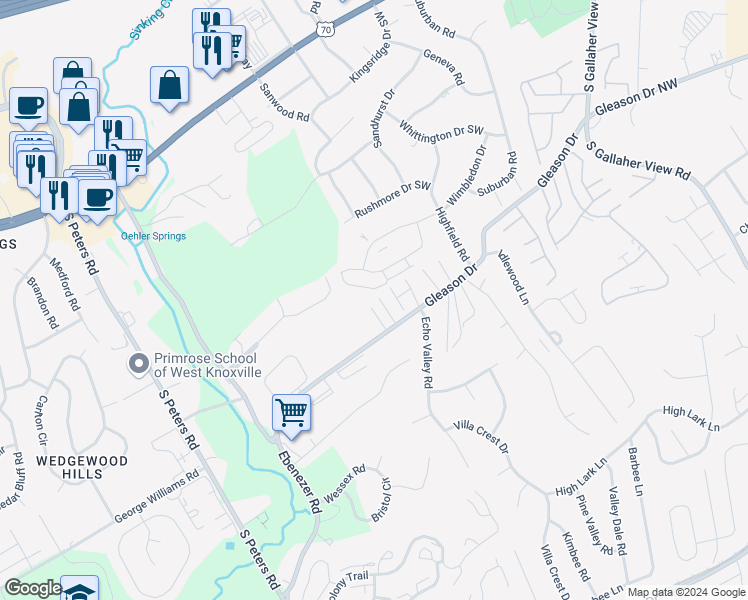 map of restaurants, bars, coffee shops, grocery stores, and more near 304 Java Way in Knoxville