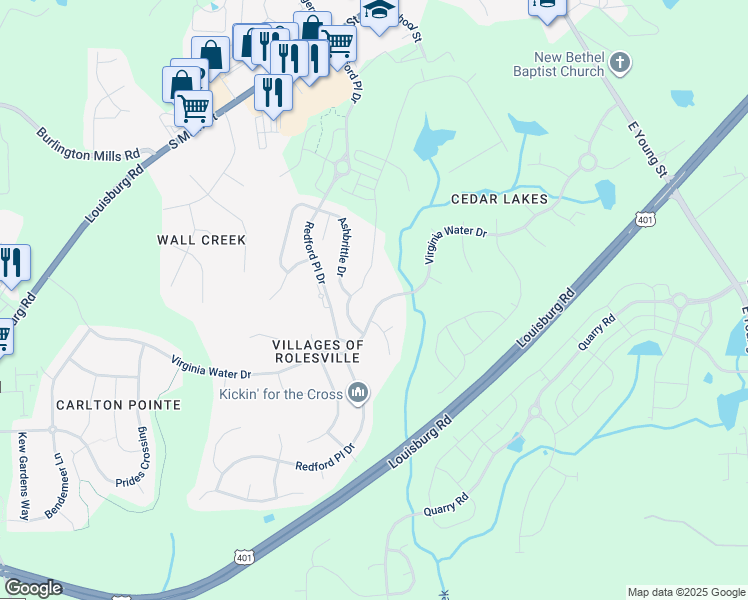 map of restaurants, bars, coffee shops, grocery stores, and more near 619 Virginia Water Drive in Rolesville