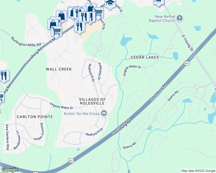 map of restaurants, bars, coffee shops, grocery stores, and more near 619 Virginia Water Drive in Rolesville