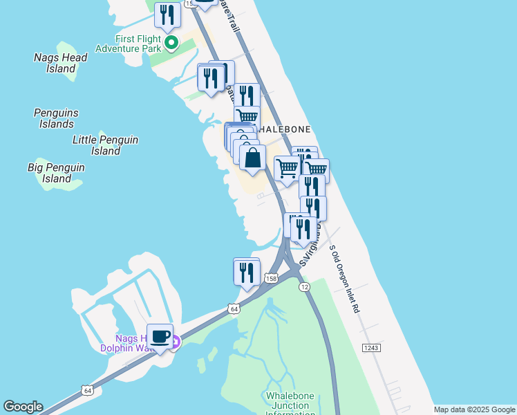 map of restaurants, bars, coffee shops, grocery stores, and more near 110 West Gray Eagle Street in Nags Head