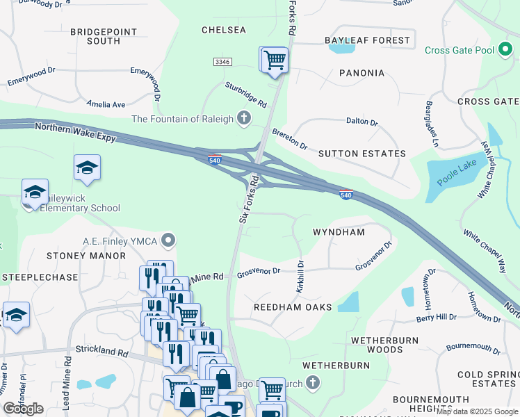 map of restaurants, bars, coffee shops, grocery stores, and more near 105 Haringey Road in Raleigh