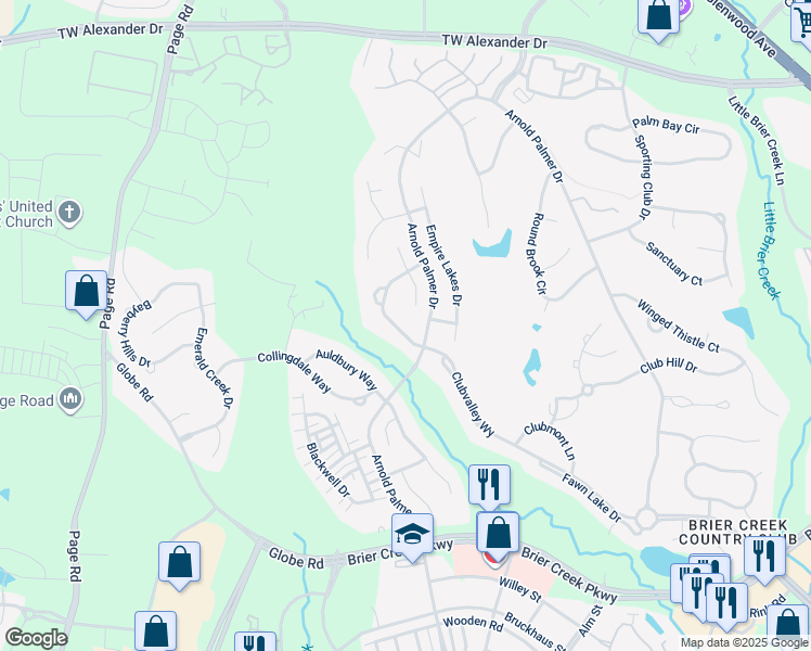 map of restaurants, bars, coffee shops, grocery stores, and more near 9628 Club Valley Way in Raleigh
