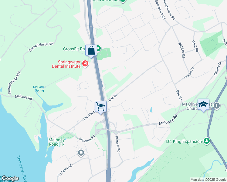 map of restaurants, bars, coffee shops, grocery stores, and more near 3233 Ginn Drive in Knoxville