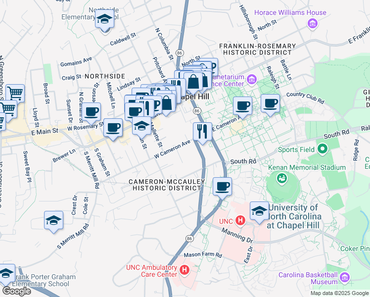 map of restaurants, bars, coffee shops, grocery stores, and more near 211a West Cameron Avenue in Chapel Hill