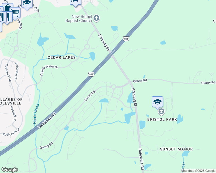 map of restaurants, bars, coffee shops, grocery stores, and more near 900 East Young Street in Rolesville
